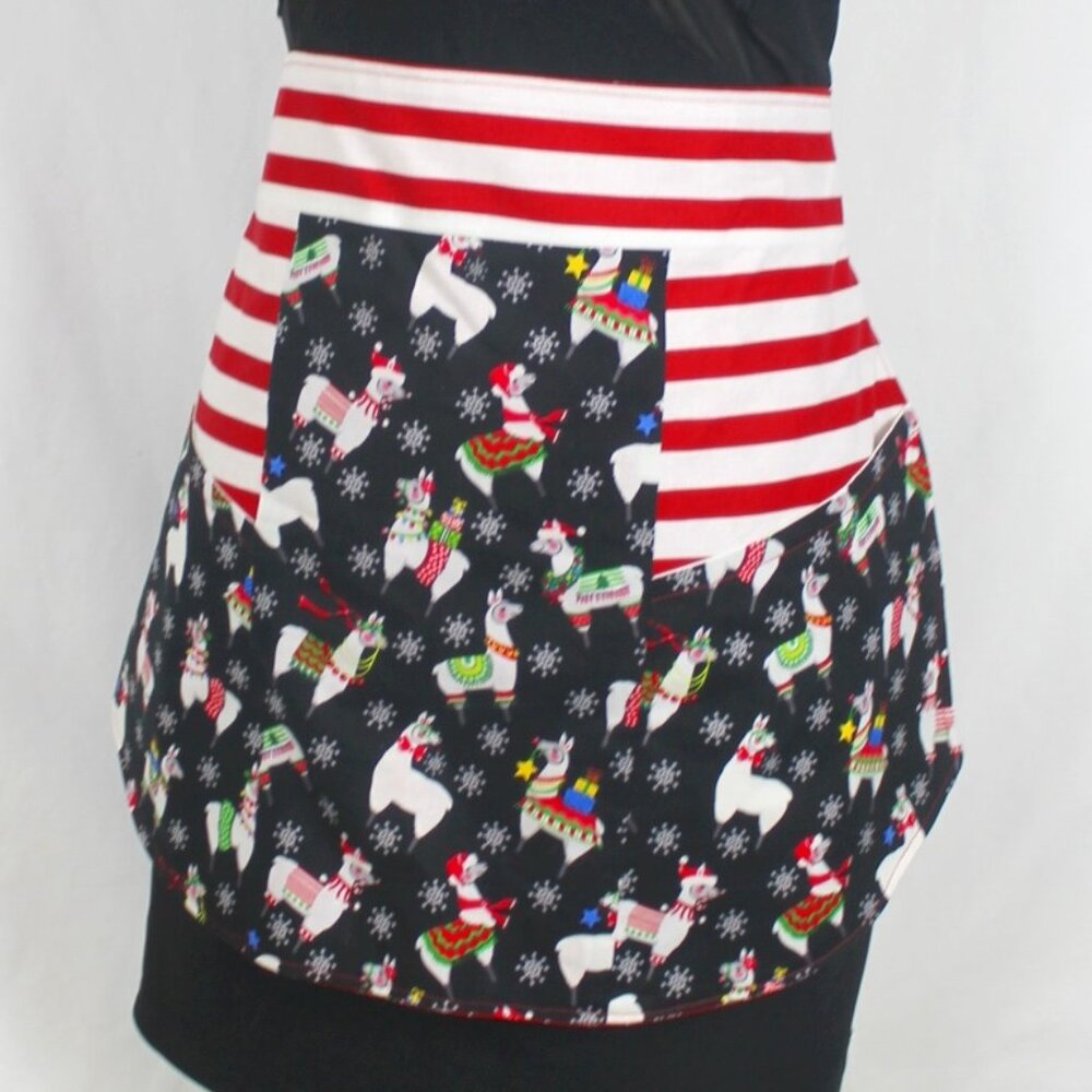 Christmas Llama Adult Half Apron Red & Black Handmade Large Pockets Reversible C